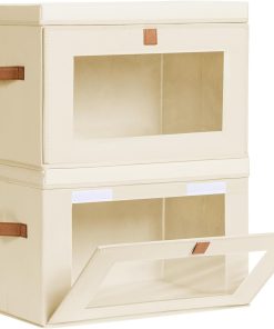 Homsorout Large Closet Storage Organizer - Clothes Storage Bins with Handles & Window. Collapsible Decorative Boxes with Lids. Fabric Containers for Living Room. Dorm. 2 Pack. Beige