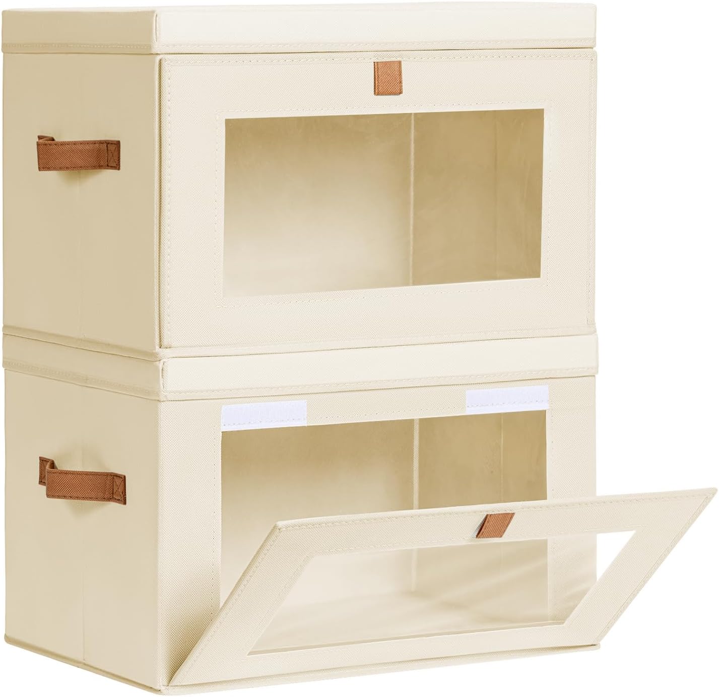Homsorout Large Closet Storage Organizer - Clothes Storage Bins with Handles & Window. Collapsible Decorative Boxes with Lids. Fabric Containers for Living Room. Dorm. 2 Pack. Beige