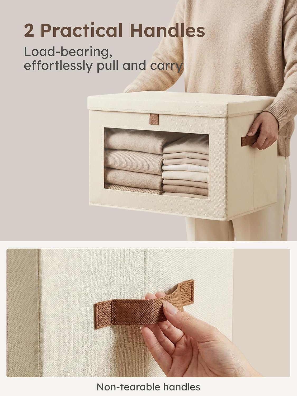 Homsorout Large Closet Storage Organizer - Clothes Storage Bins with Handles & Window. Collapsible Decorative Boxes with Lids. Fabric Containers for Living Room. Dorm. 2 Pack. Beige - Image 5
