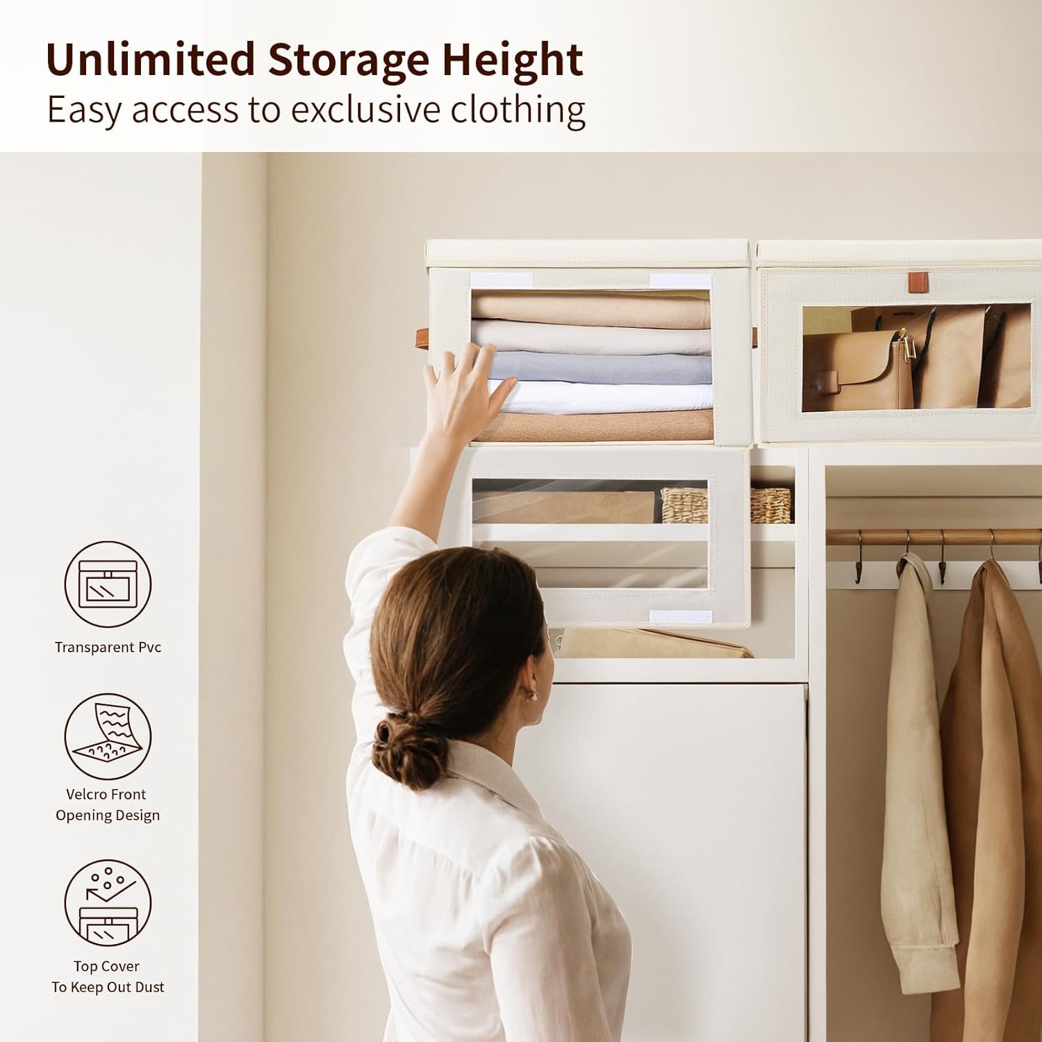 Homsorout Large Closet Storage Organizer - Clothes Storage Bins with Handles & Window. Collapsible Decorative Boxes with Lids. Fabric Containers for Living Room. Dorm. 2 Pack. Beige - Image 2
