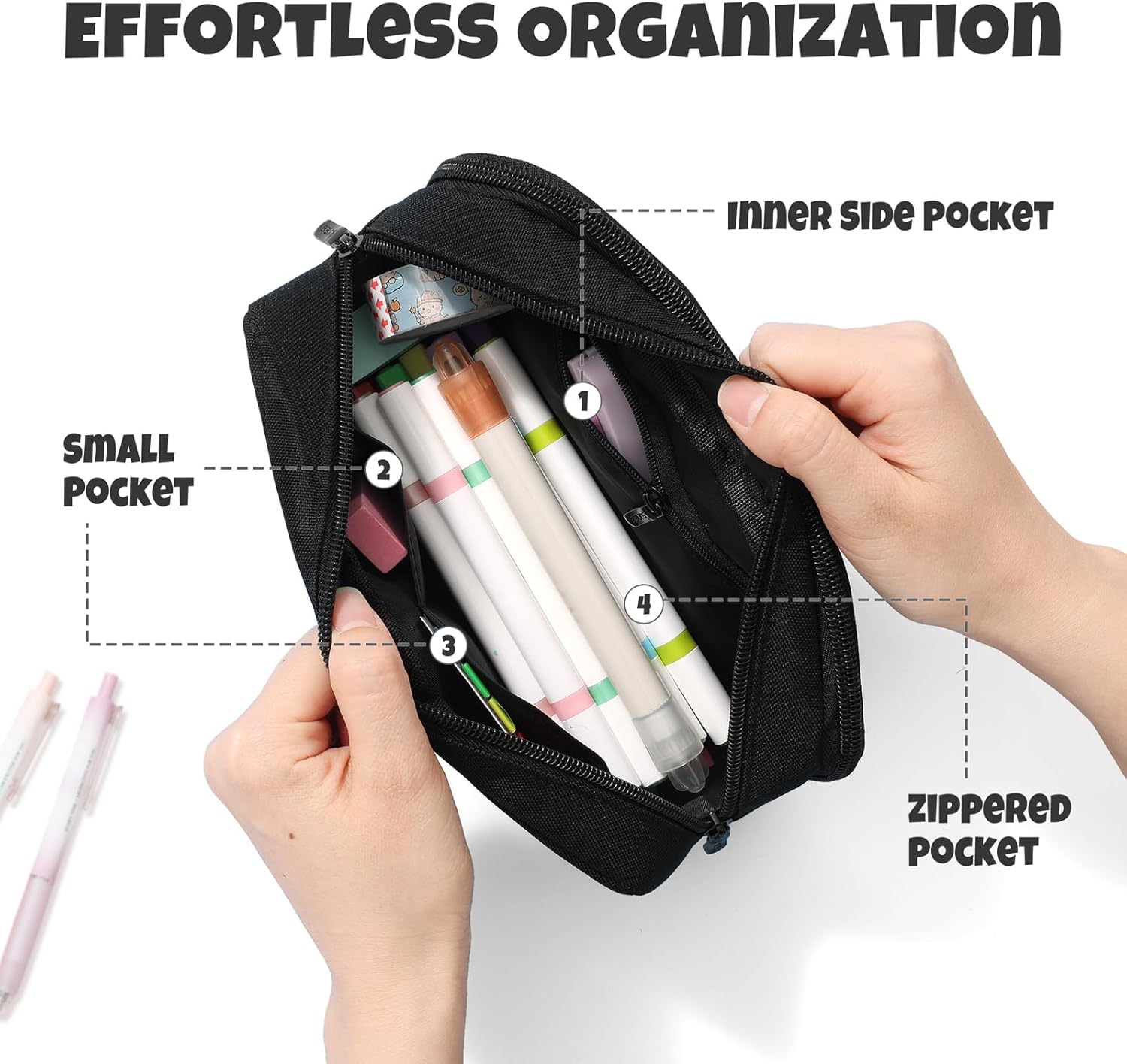 SUNEE Pencil Case. Large Capacity Pencil Pouch. Extra Big Pencil Bag with 6 Compartments. Durable Canvas Pencil Box for Office Stationery Organizer. Back to School Supplies for Teen Boys Girls. Black - Image 4