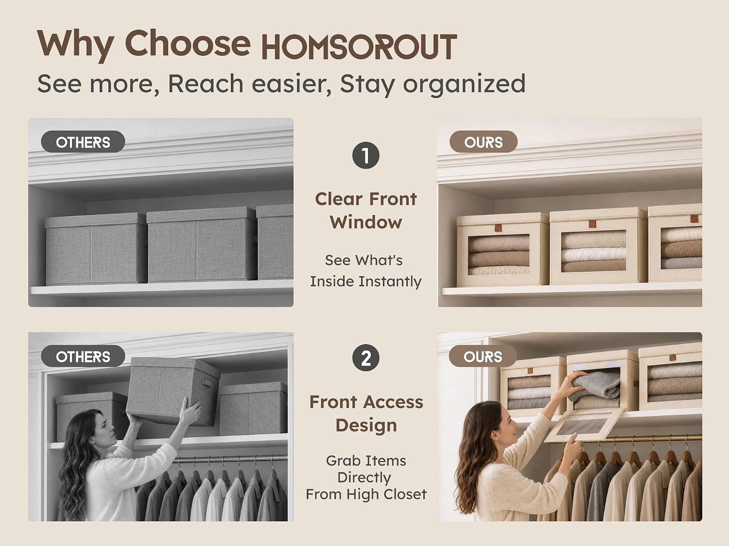 Homsorout Large Closet Storage Organizer - Clothes Storage Bins with Handles & Window. Collapsible Decorative Boxes with Lids. Fabric Containers for Living Room. Dorm. 2 Pack. Beige - Image 6
