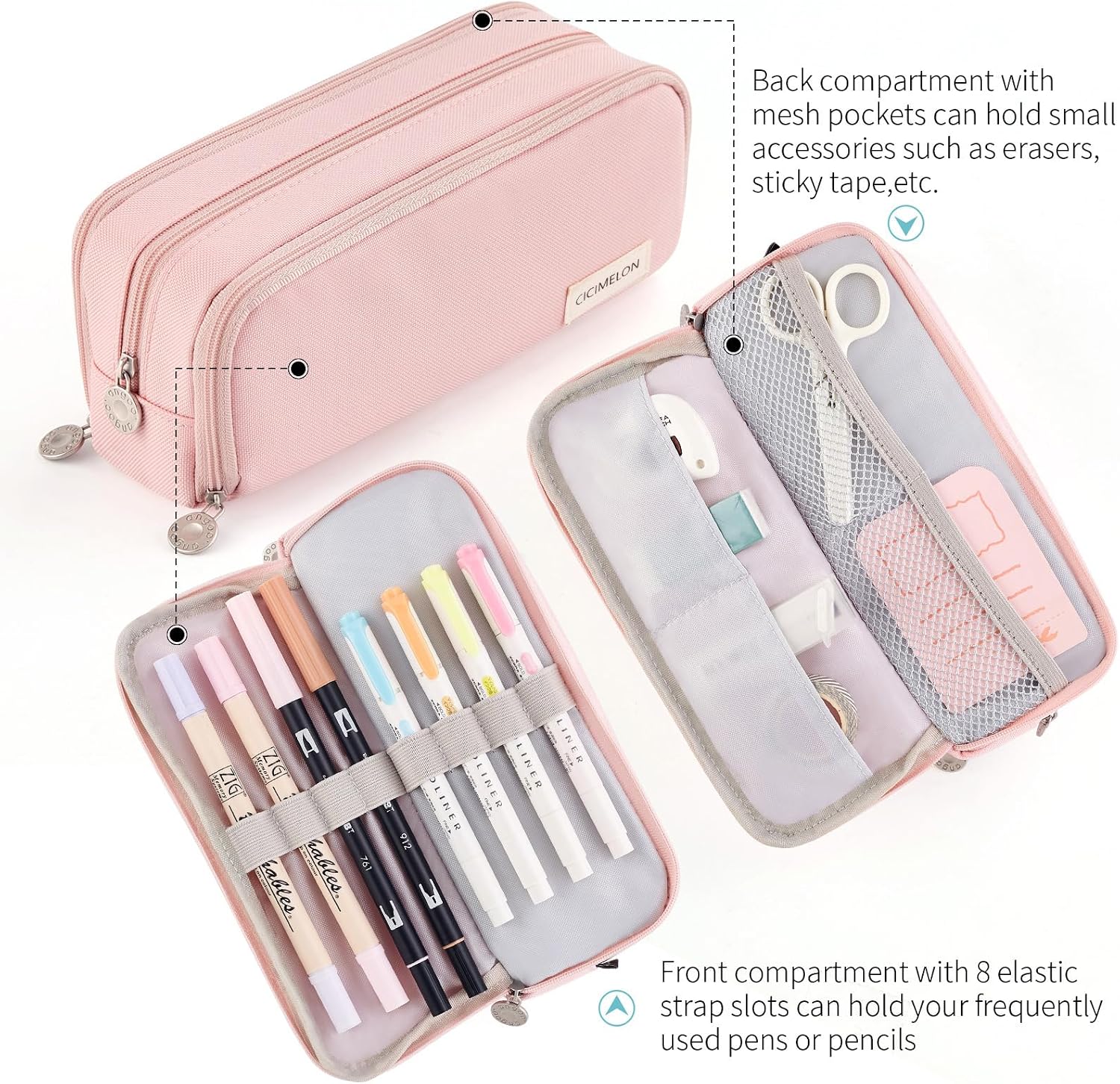 CICIMELON Large Capacity Pencil Case 3 Compartment Pouch Pen Bag for School Teen Girl Boy Men Women (Pink) - Image 4