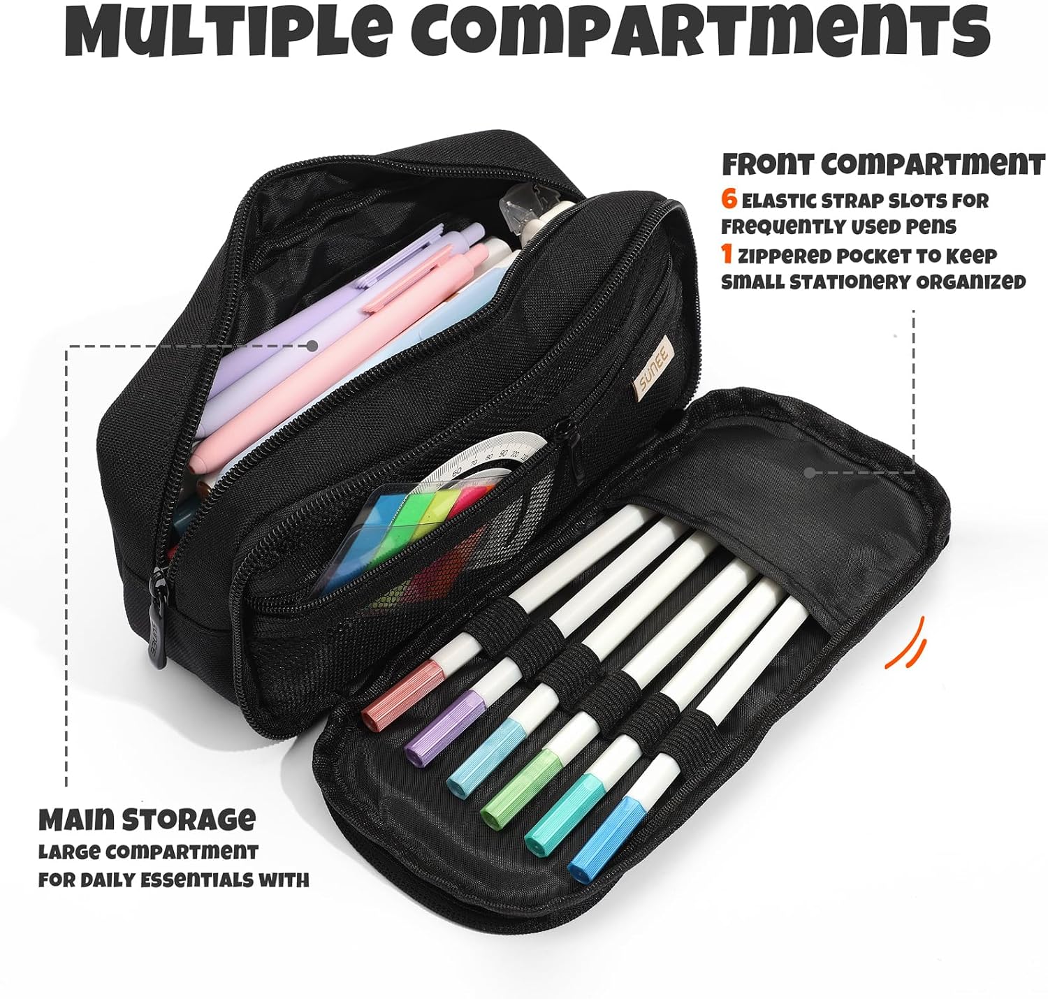 SUNEE Pencil Case. Large Capacity Pencil Pouch. Extra Big Pencil Bag with 6 Compartments. Durable Canvas Pencil Box for Office Stationery Organizer. Back to School Supplies for Teen Boys Girls. Black - Image 3