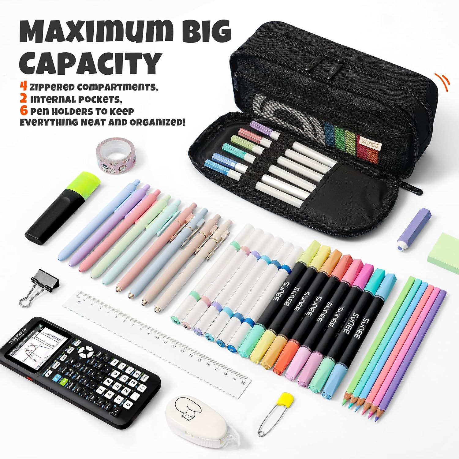SUNEE Pencil Case. Large Capacity Pencil Pouch. Extra Big Pencil Bag with 6 Compartments. Durable Canvas Pencil Box for Office Stationery Organizer. Back to School Supplies for Teen Boys Girls. Black - Image 2