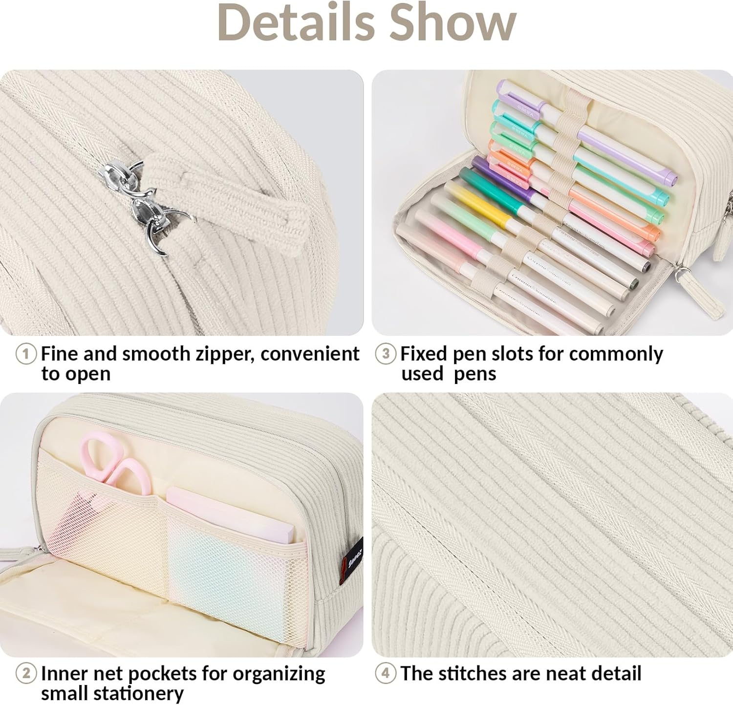 Sooez Big Capacity Pencil Case Pen Pouch. Soft Corduroy Pencil Bag with 3 Compartment. Multiple Pockets. Sturdy Zipper. Cute School Supplies Pen Bag Organizer For Teen Girls College. Beige - Image 5