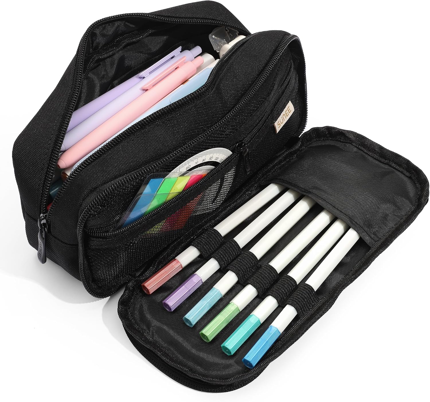 SUNEE Pencil Case. Large Capacity Pencil Pouch. Extra Big Pencil Bag with 6 Compartments. Durable Canvas Pencil Box for Office Stationery Organizer. Back to School Supplies for Teen Boys Girls. Black